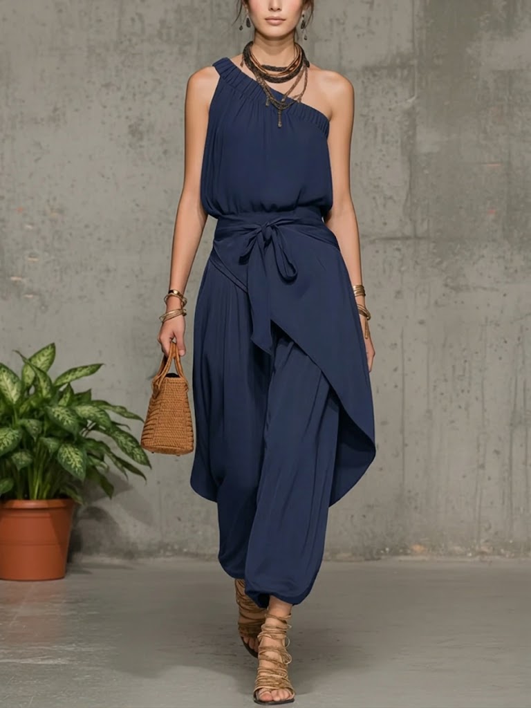 Elegant One-Shoulder Draped Jumpsuit