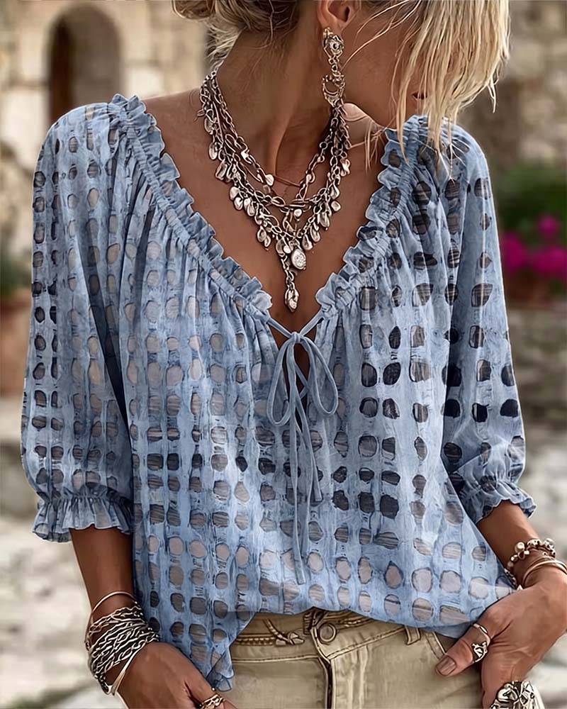 Polka Dot Lace-Up Blouse