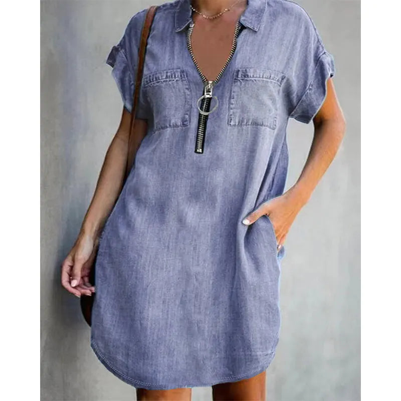 Loose denim shirt dress for women – a dress with a collar, front zipper and pockets