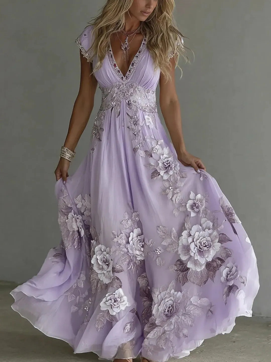 Elegant Women's Deep V-Neck Chiffon Dress with Embroidered Lace ✨👗
