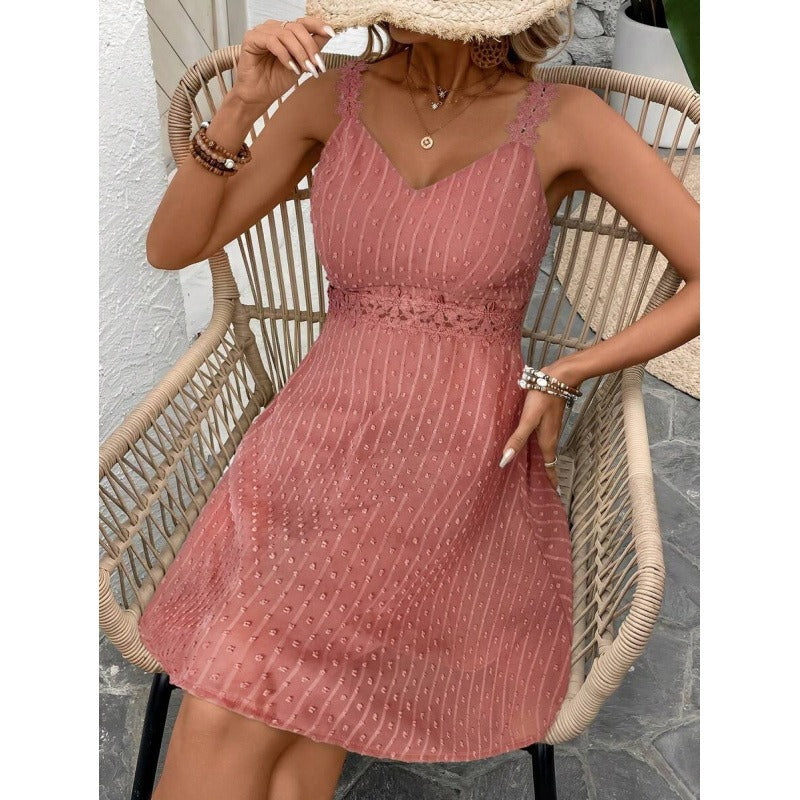 Women's Polka Dot Mini Dress with Lace Straps and Waist Cut-Out 👗✨