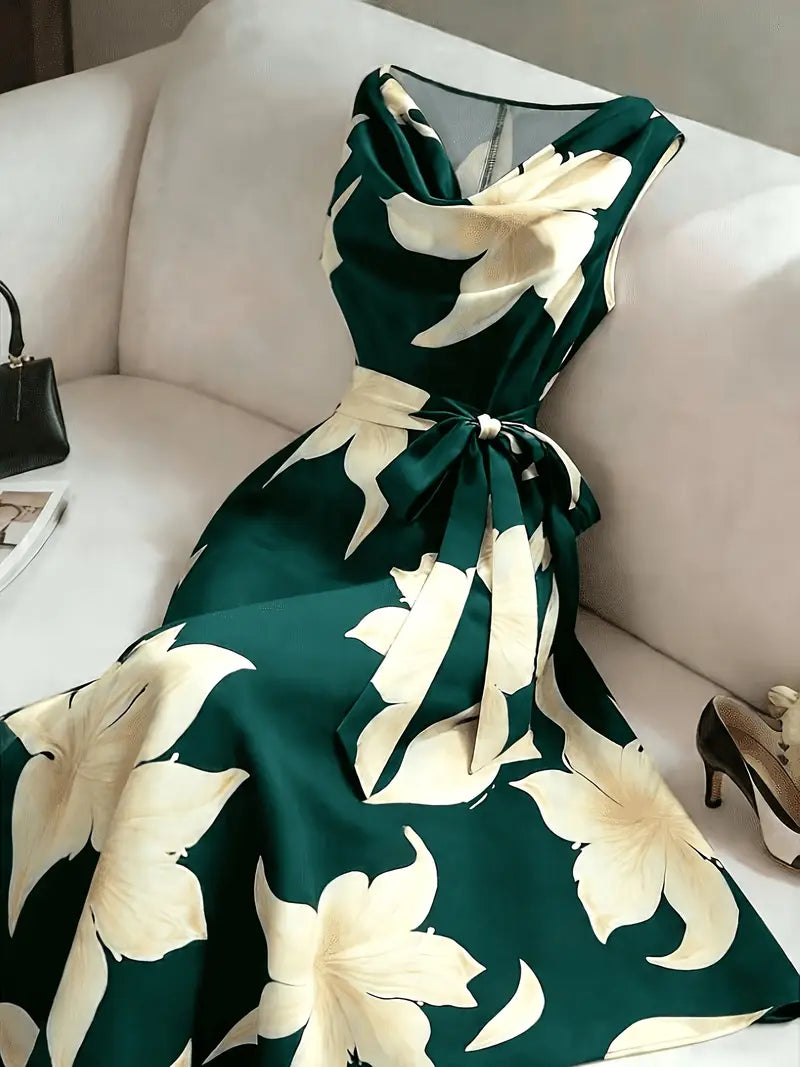 🌸 Women's Sleeveless Floral Print Dress – A-Line, Breathable & Figure-Flattering
