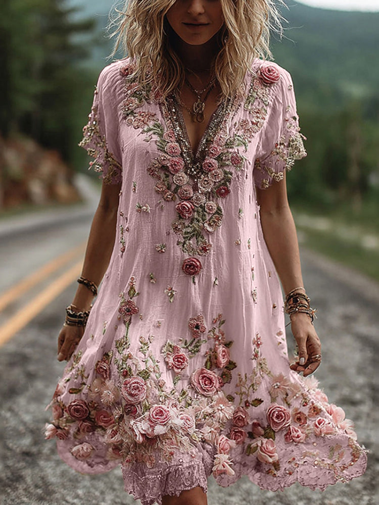 Vintage Floral Embroidered Short Sleeve Dress 🌸👗✨