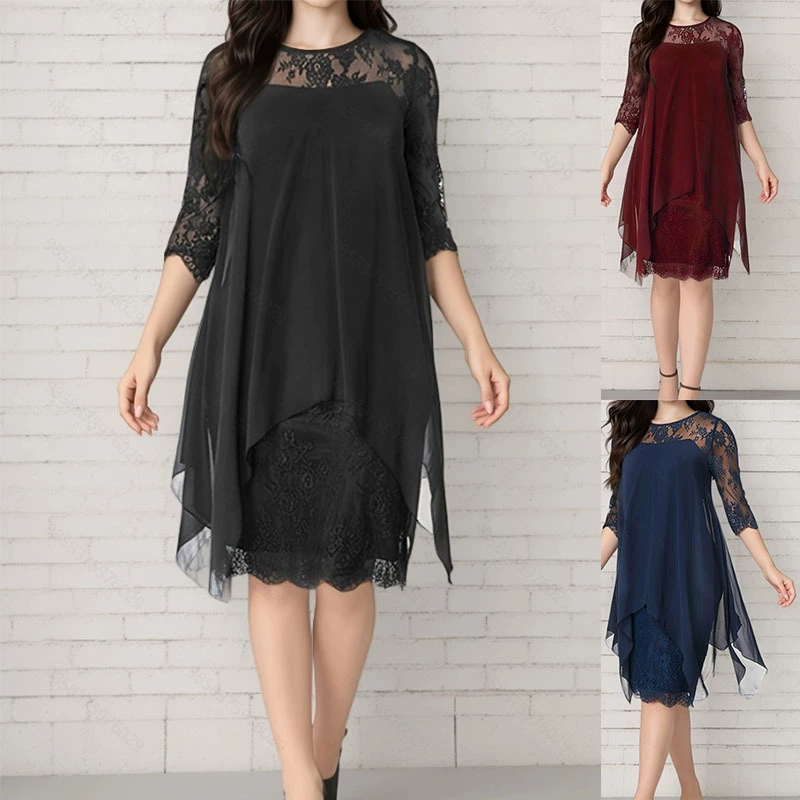 📢📢 50% OFF!! ⏰ 🌺 Elegant Women's Dress with Asymmetrical Hem and Lace Details 👗✨