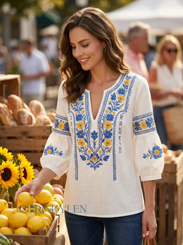 Vintage Swedish Midsummer Floral V-Neck Top