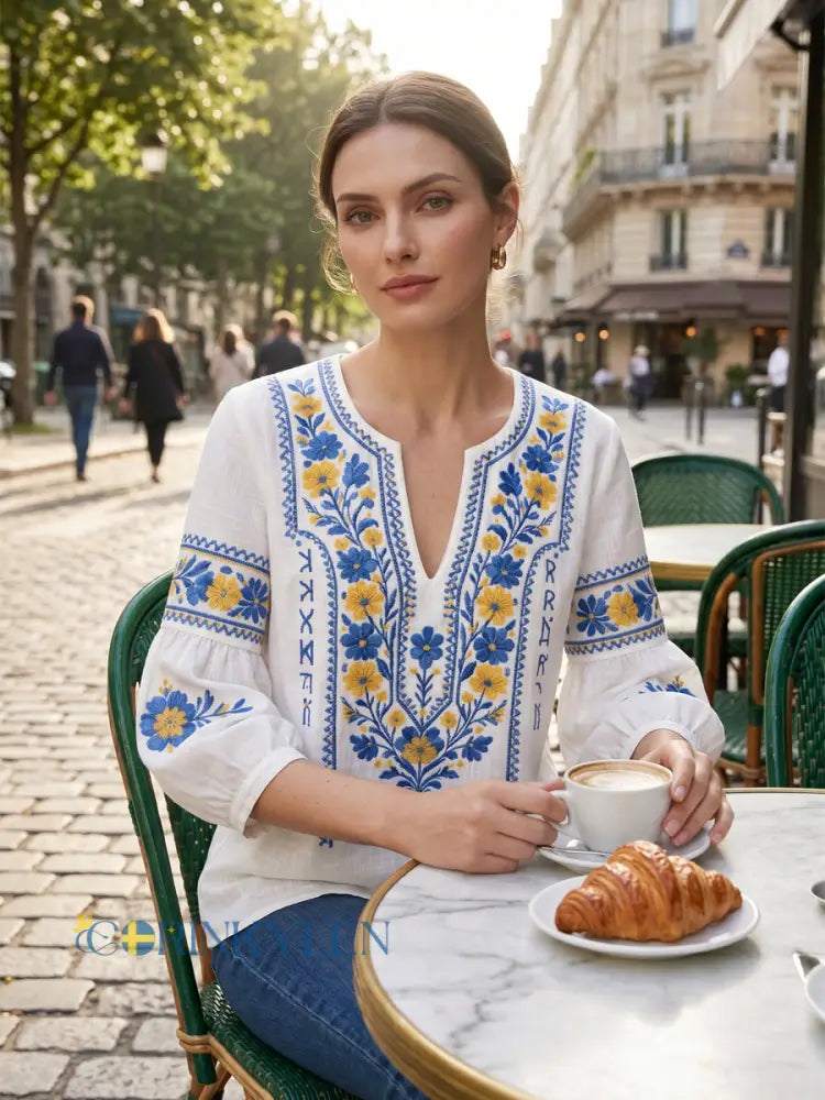 Vintage Swedish Midsummer Floral V-Neck Top