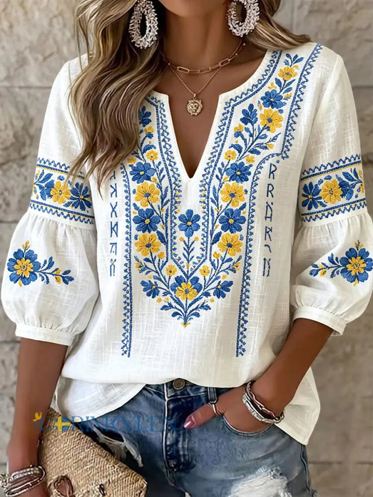 Vintage Swedish Midsummer Floral V-Neck Top