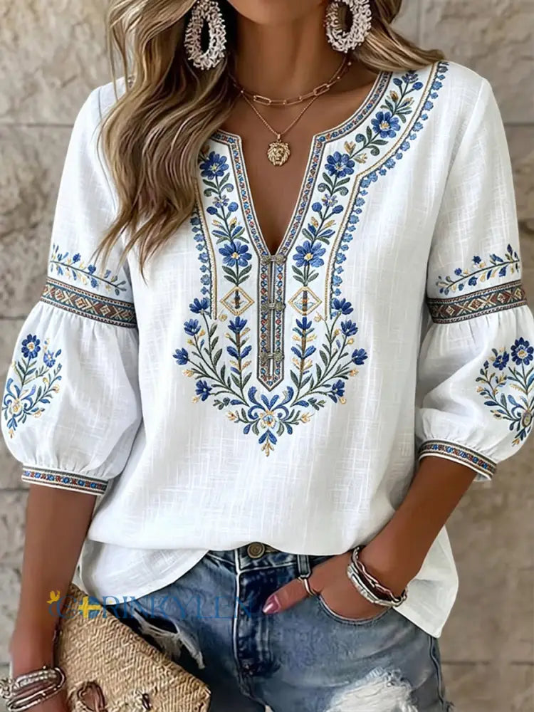 Vintage Swedish Midsummer Floral V-Neck Top