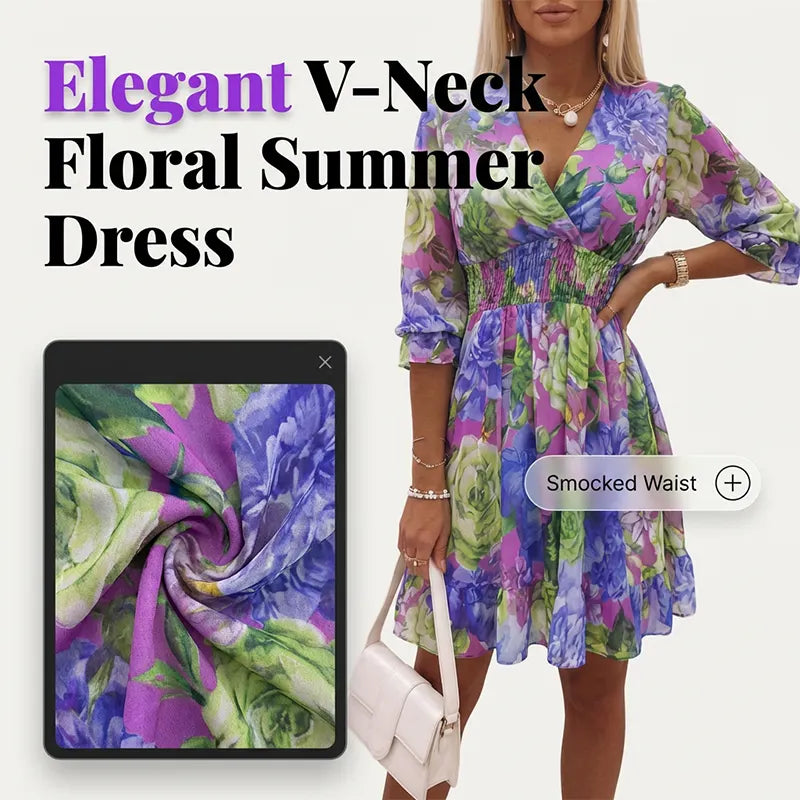 "Elegant Women's A-Line V-Neck Floral Ruffle Hem Dress" 💕🌿✨