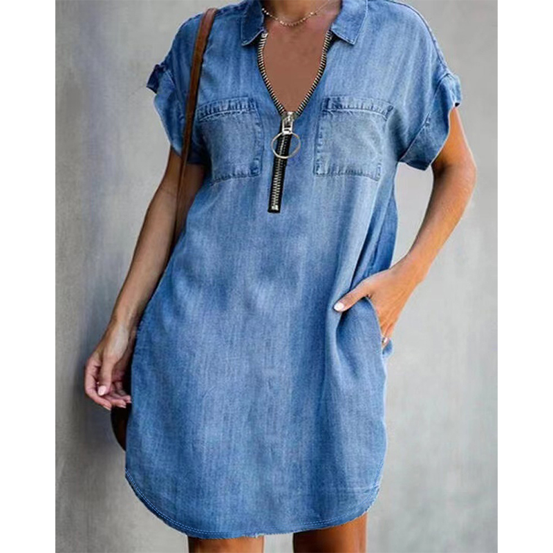 Loose denim shirt dress for women – a dress with a collar, front zipper and pockets