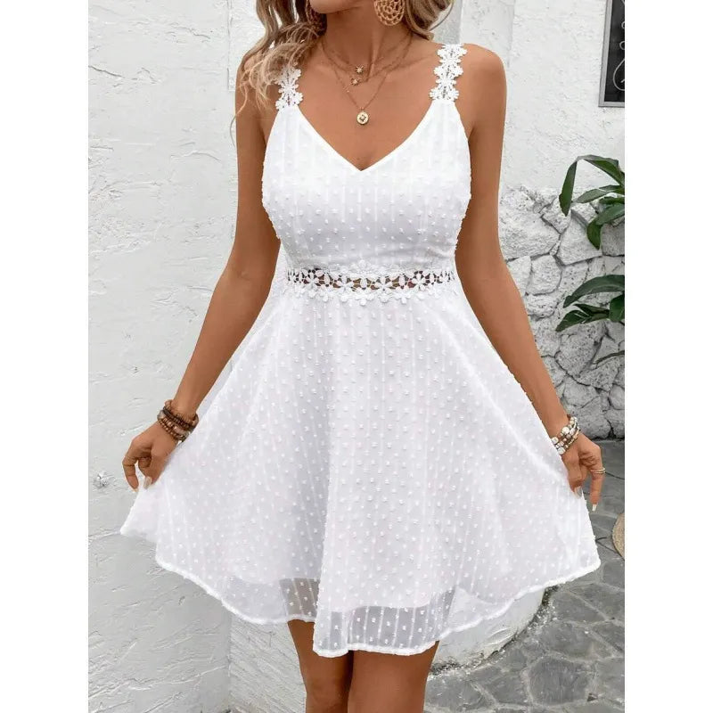 Women's Polka Dot Mini Dress with Lace Straps and Waist Cut-Out 👗✨