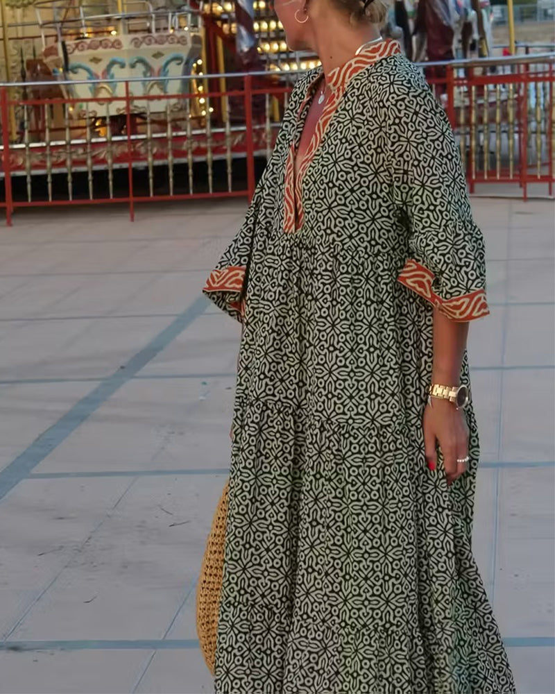 V-Neck Three-Quarter Sleeve Vacation Print Dress 🌴👗✨