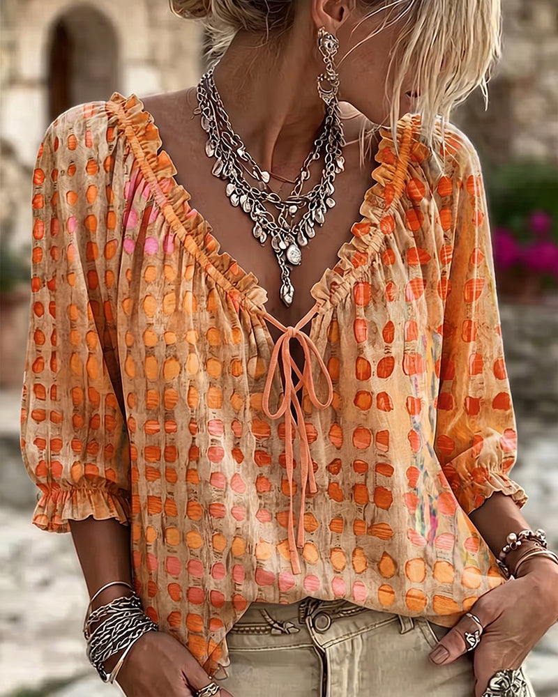 Polka Dot Lace-Up Blouse