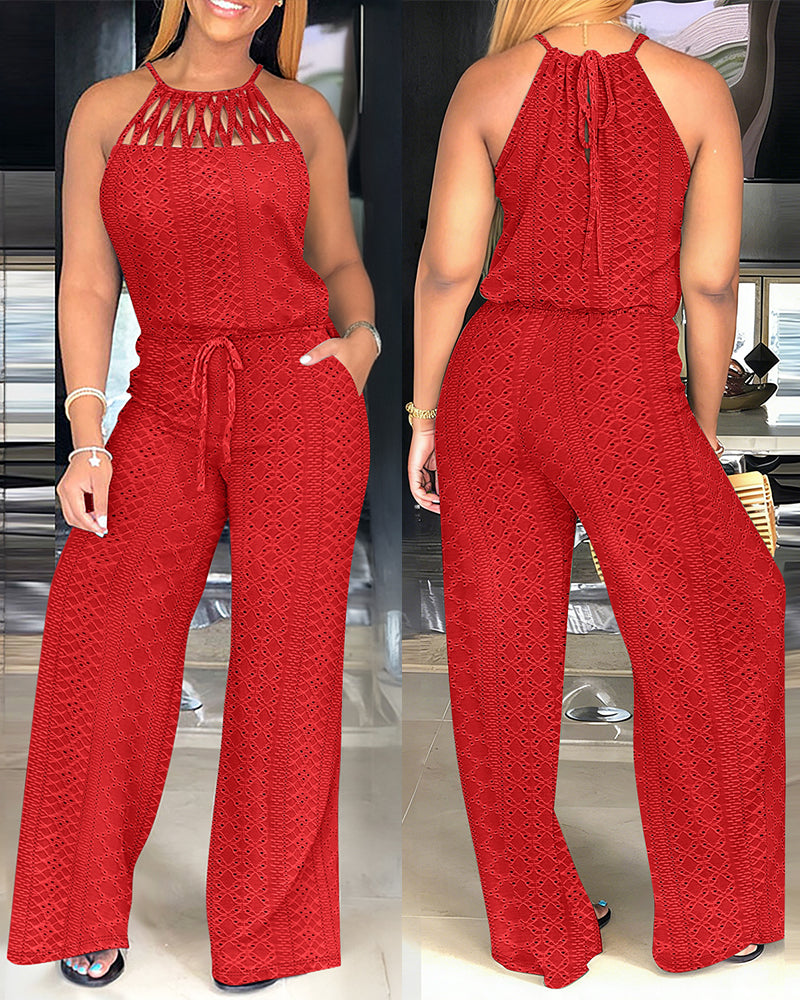 Jacquara Luxe – Halter Knit Jacquard Wide-Leg Jumpsuit