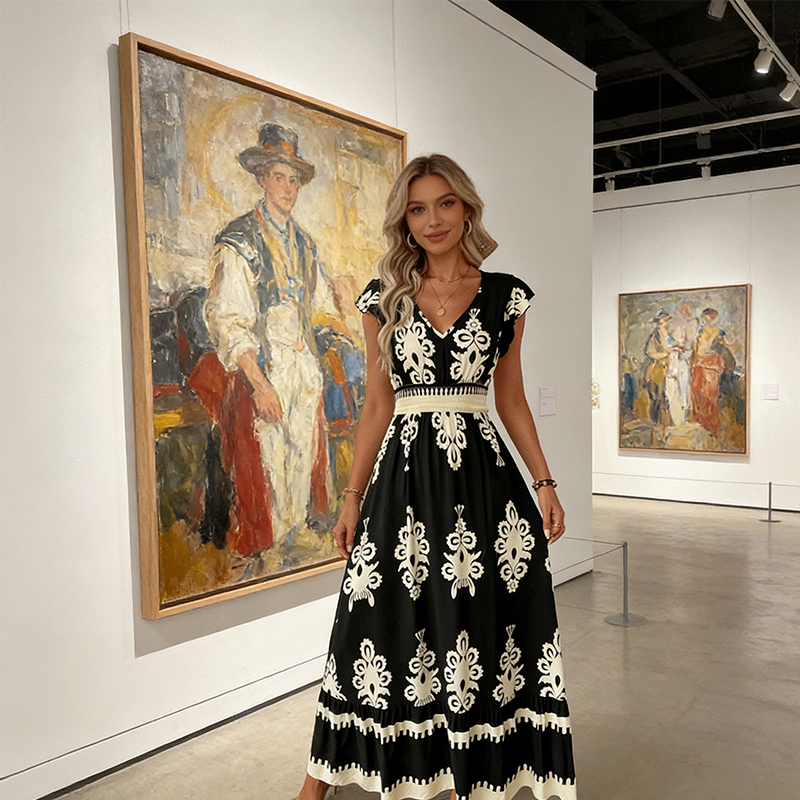 🌞 New for Spring & Summer 👗 V-Neck Baroque Maxi Dress – Premium Waist Design, Wrinkle-Resistant Fabric – Perfect for Vacations & Everyday Wear ✨🌿