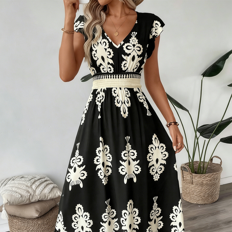 🌞 New for Spring & Summer 👗 V-Neck Baroque Maxi Dress – Premium Waist Design, Wrinkle-Resistant Fabric – Perfect for Vacations & Everyday Wear ✨🌿