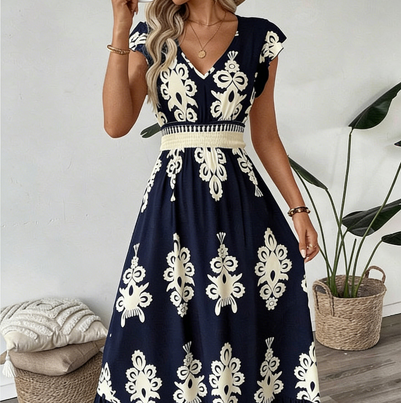 🌞 New for Spring & Summer 👗 V-Neck Baroque Maxi Dress – Premium Waist Design, Wrinkle-Resistant Fabric – Perfect for Vacations & Everyday Wear ✨🌿