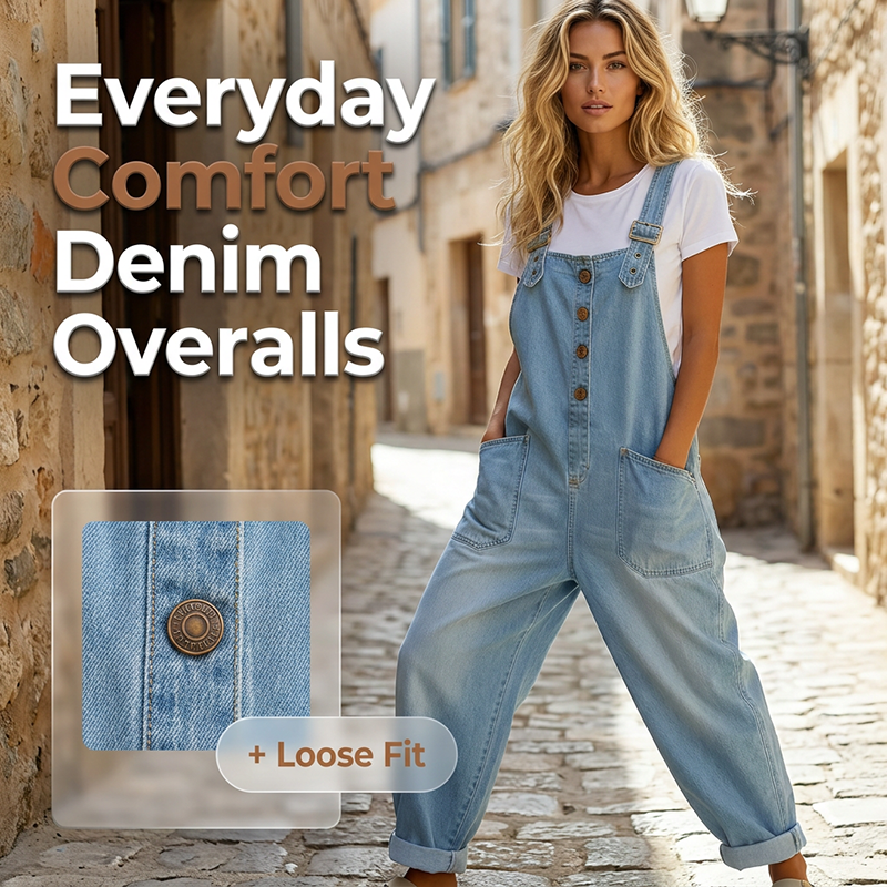 Women’s Casual Loose-Fit Denim Overalls with Pockets