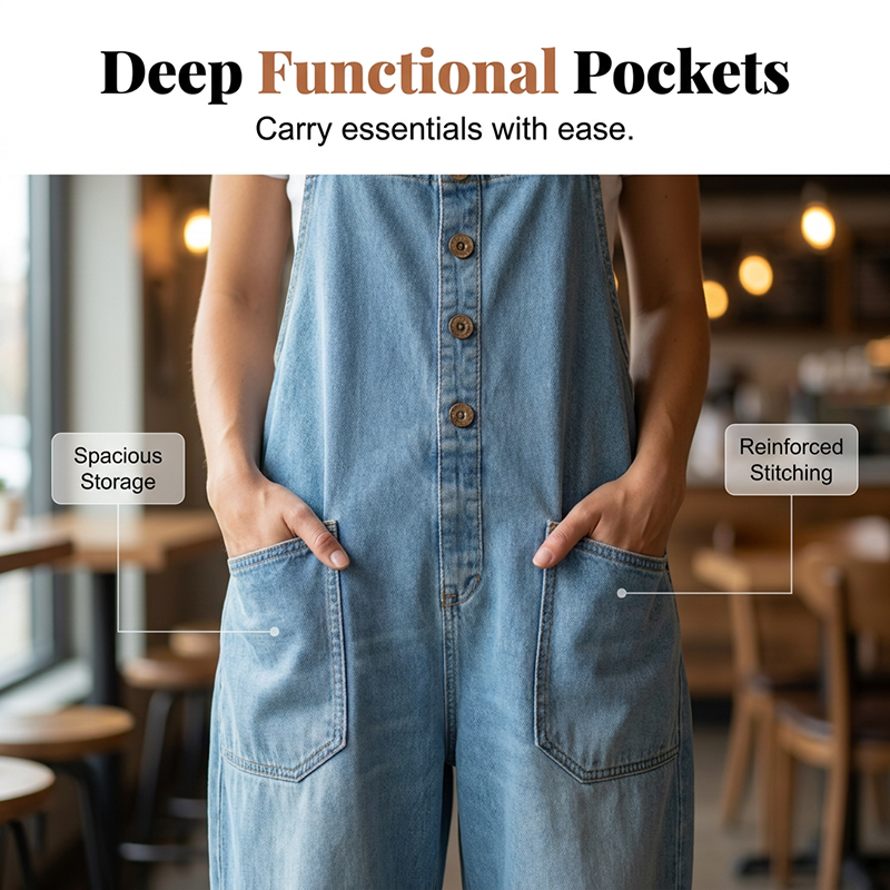 Women’s Casual Loose-Fit Denim Overalls with Pockets
