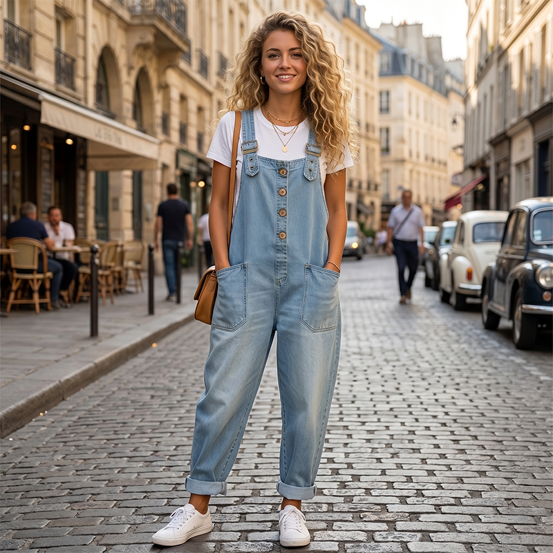 Women’s Casual Loose-Fit Denim Overalls with Pockets