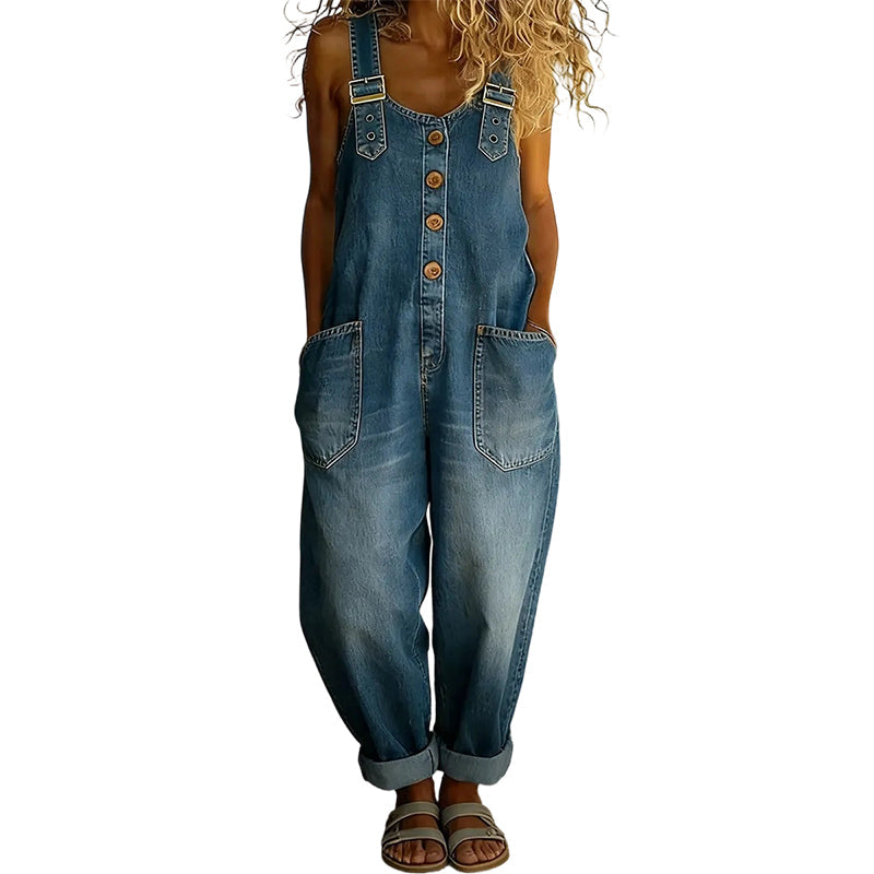 Women’s Casual Loose-Fit Denim Overalls with Pockets