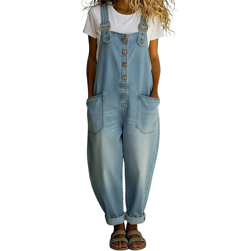 Women’s Casual Loose-Fit Denim Overalls with Pockets