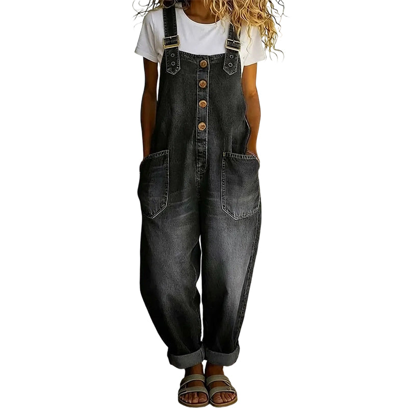 Women’s Casual Loose-Fit Denim Overalls with Pockets