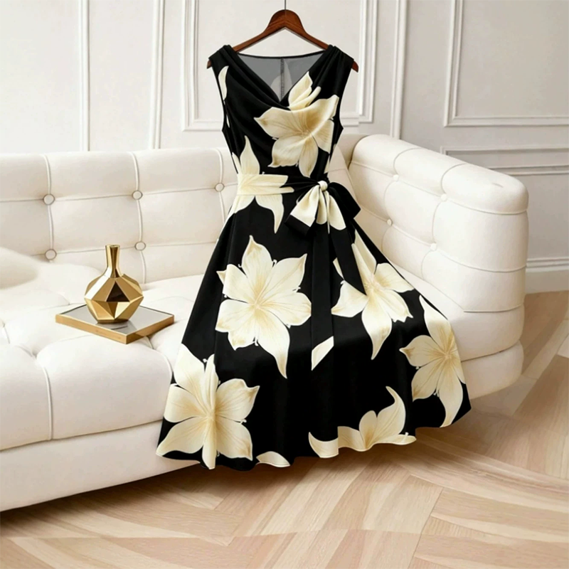 🌸 Women's Sleeveless Floral Print Dress – A-Line, Breathable & Figure-Flattering
