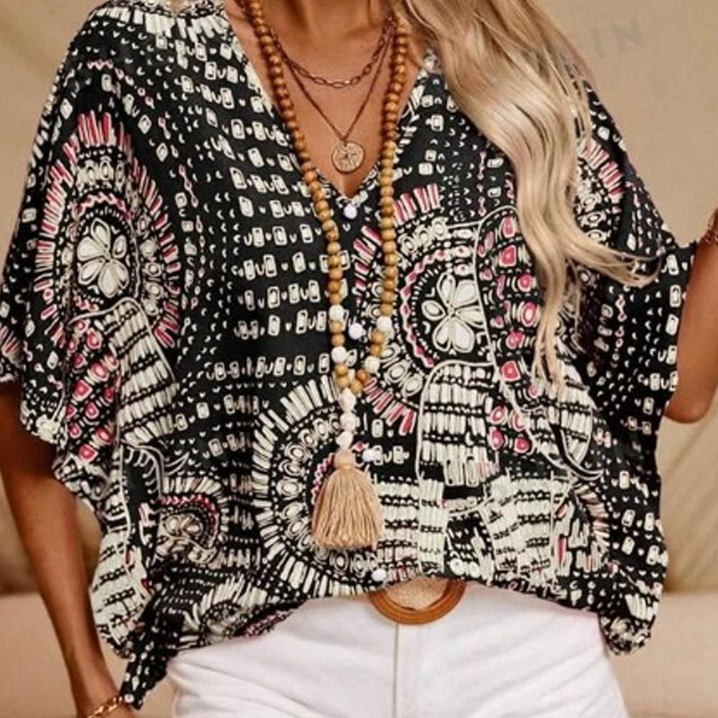 👚 50% OFF 🌸 V-Neck Printed Top – Relaxed Dolman Sleeves, Lightweight & Flowy ✨ Perfect for Summer & Vacations ☀️🌿