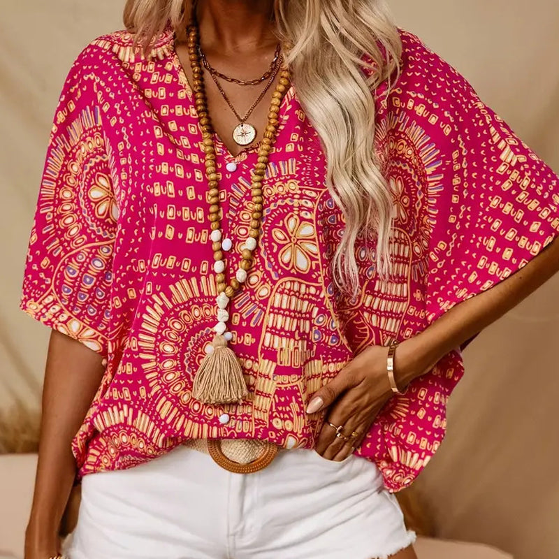 👚 50% OFF 🌸 V-Neck Printed Top – Relaxed Dolman Sleeves, Lightweight & Flowy ✨ Perfect for Summer & Vacations ☀️🌿