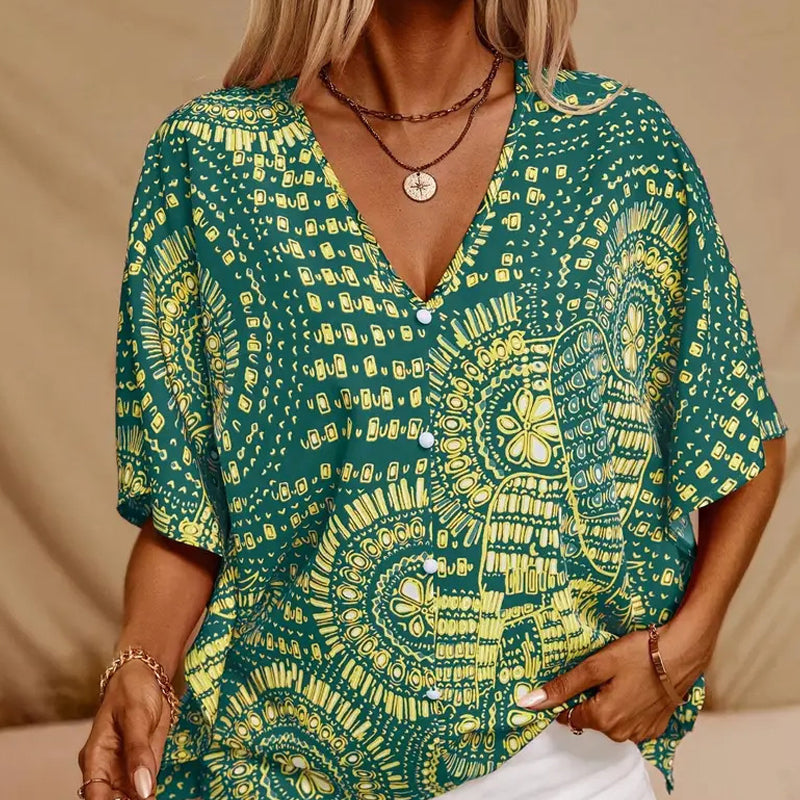 👚 50% OFF 🌸 V-Neck Printed Top – Relaxed Dolman Sleeves, Lightweight & Flowy ✨ Perfect for Summer & Vacations ☀️🌿