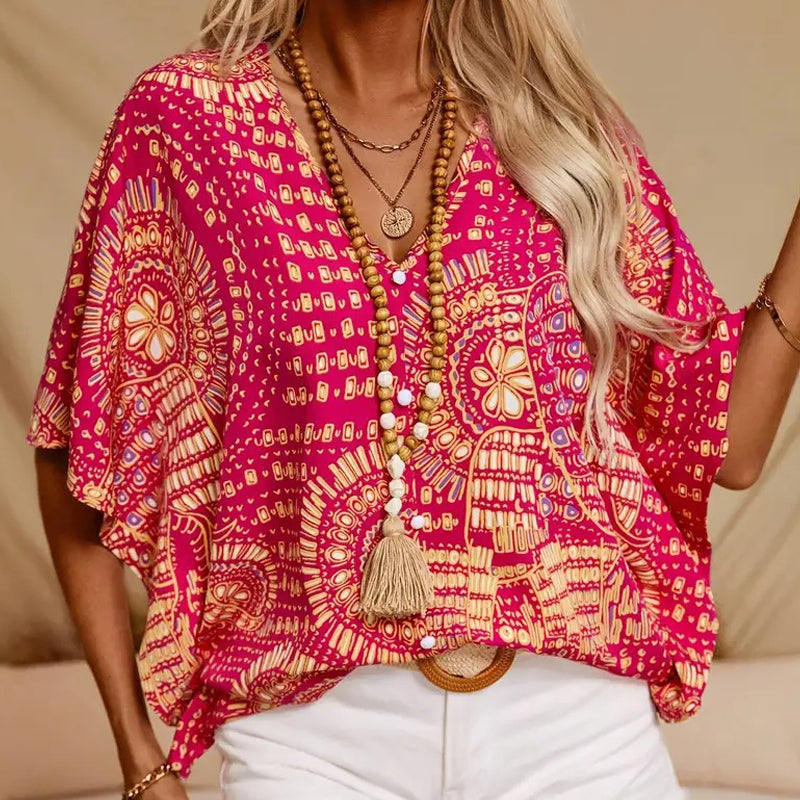 👚 50% OFF 🌸 V-Neck Printed Top – Relaxed Dolman Sleeves, Lightweight & Flowy ✨ Perfect for Summer & Vacations ☀️🌿