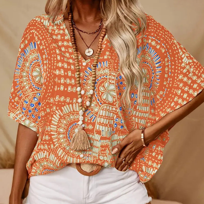 👚 50% OFF 🌸 V-Neck Printed Top – Relaxed Dolman Sleeves, Lightweight & Flowy ✨ Perfect for Summer & Vacations ☀️🌿
