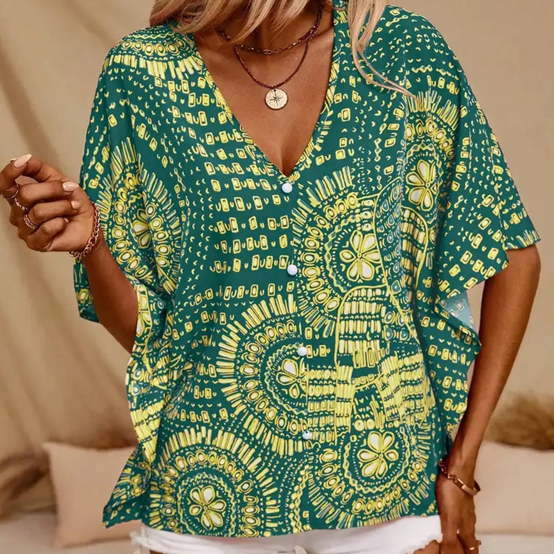 👚 50% OFF 🌸 V-Neck Printed Top – Relaxed Dolman Sleeves, Lightweight & Flowy ✨ Perfect for Summer & Vacations ☀️🌿