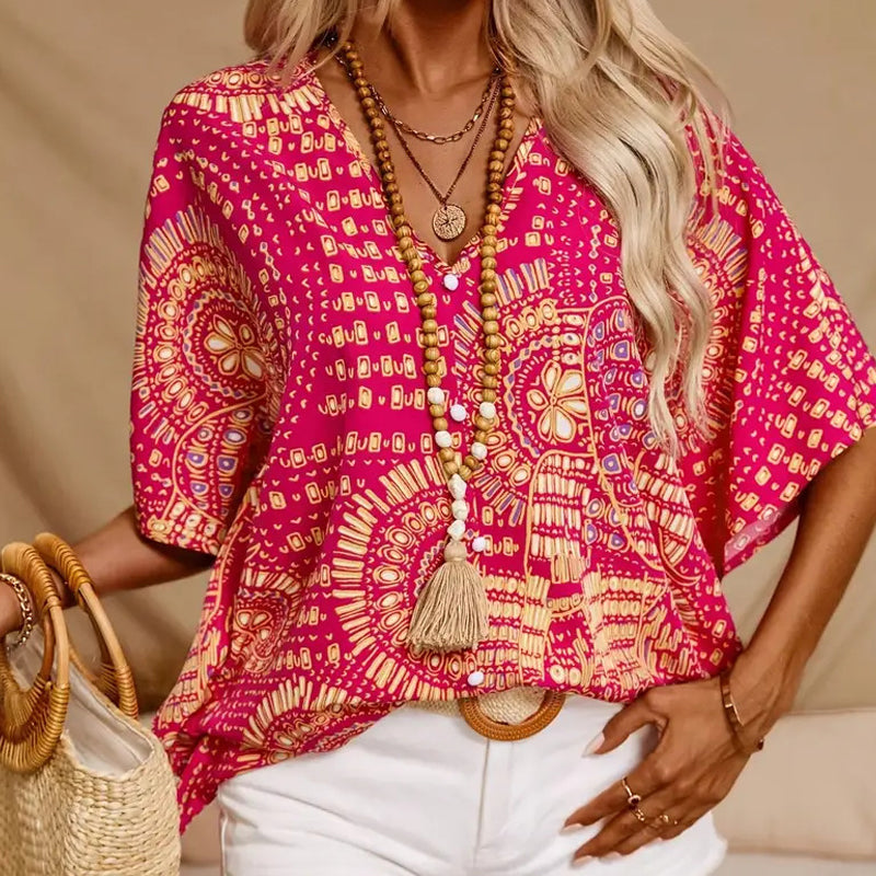 👚 50% OFF 🌸 V-Neck Printed Top – Relaxed Dolman Sleeves, Lightweight & Flowy ✨ Perfect for Summer & Vacations ☀️🌿