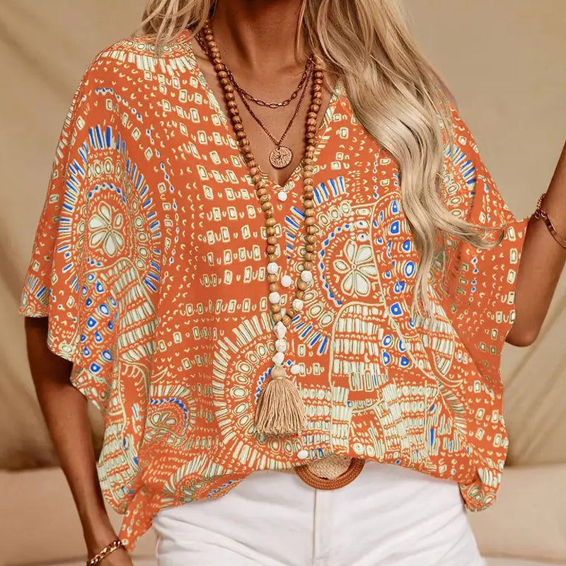 👚 50% OFF 🌸 V-Neck Printed Top – Relaxed Dolman Sleeves, Lightweight & Flowy ✨ Perfect for Summer & Vacations ☀️🌿