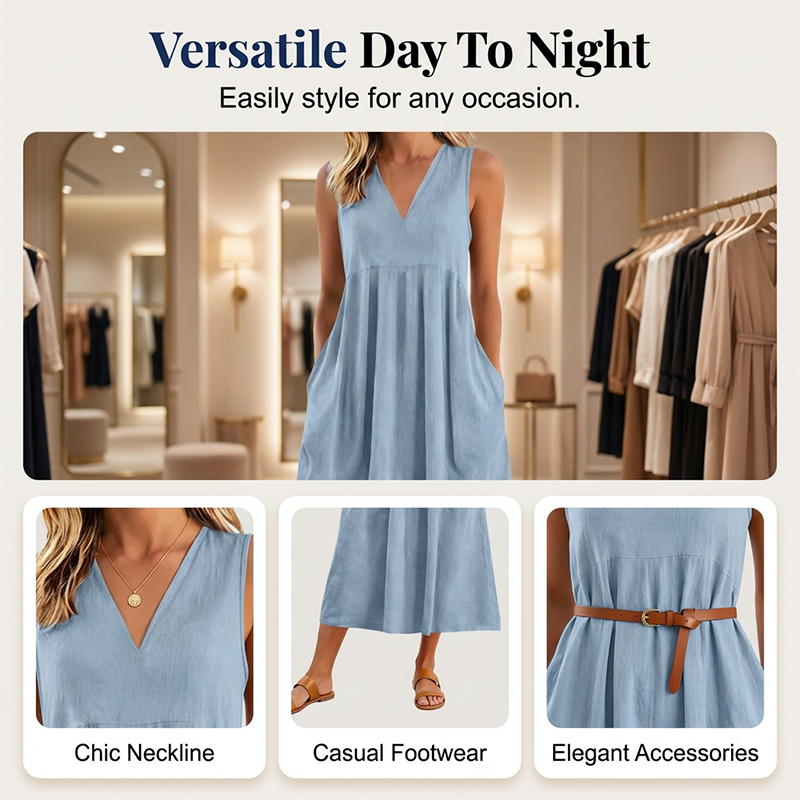 Women's Casual Sleeveless V-Neck Midi Dress 👗✨