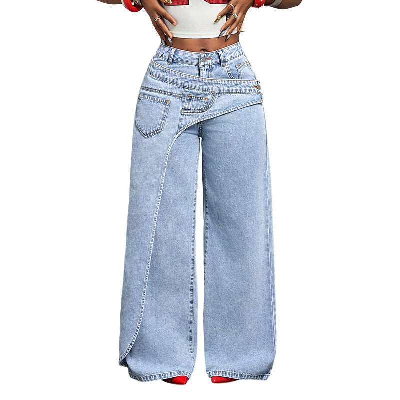 Asymmetrical Waist Wide-Leg Jeans