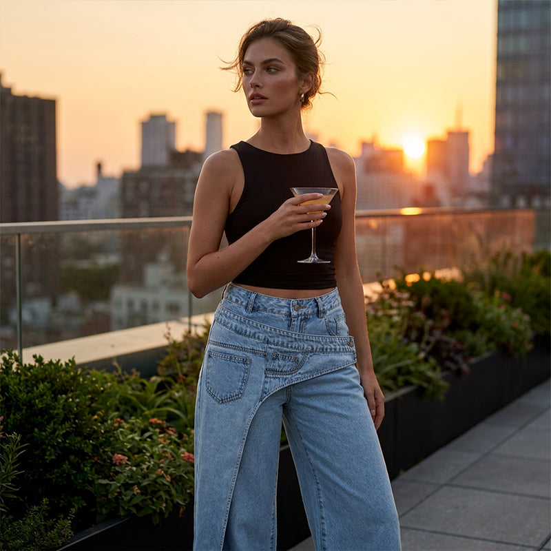 Asymmetrical Waist Wide-Leg Jeans