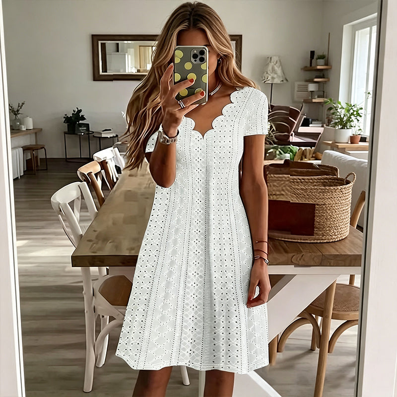 🌷 Elegant Embroidered Dress with Wavy Neckline