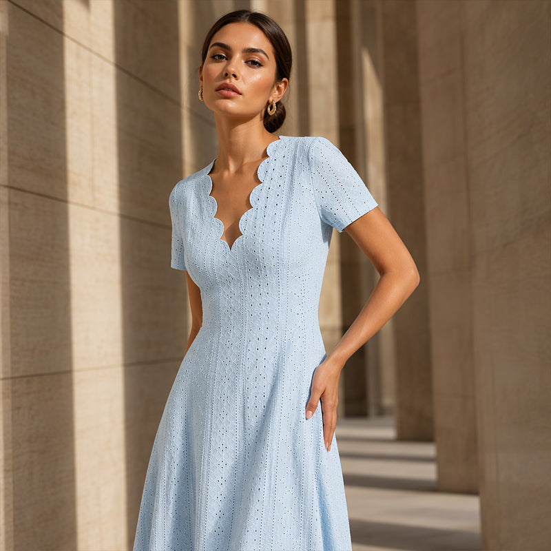 🌷 Elegant Embroidered Dress with Wavy Neckline