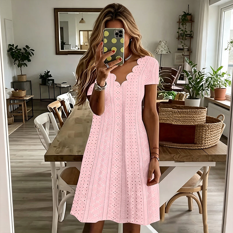 🌷 Elegant Embroidered Dress with Wavy Neckline