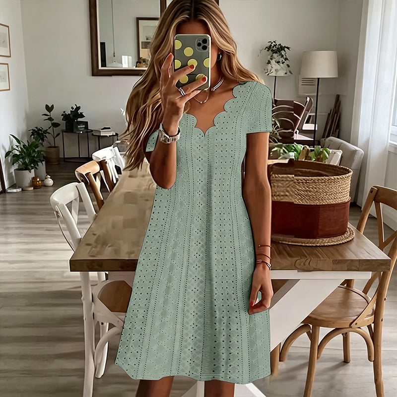 🌷 Elegant Embroidered Dress with Wavy Neckline