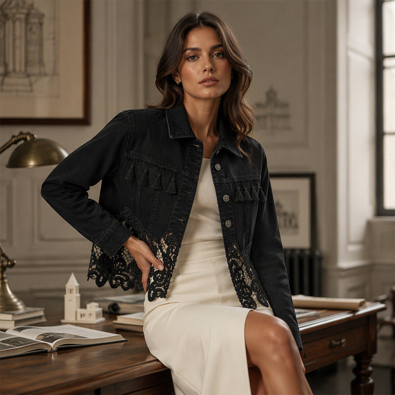 womens lace stitching denim jacket