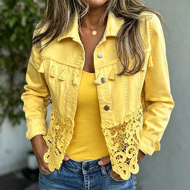 womens lace stitching denim jacket