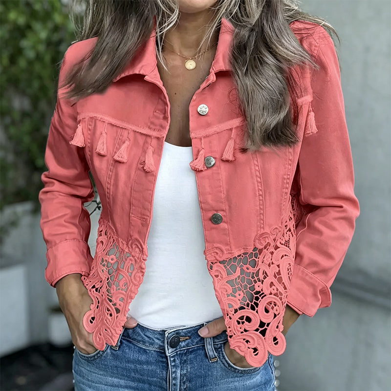 womens lace stitching denim jacket