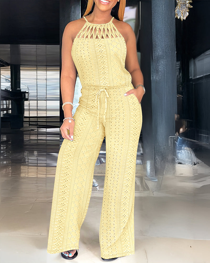 Jacquara Luxe – Halter Knit Jacquard Wide-Leg Jumpsuit