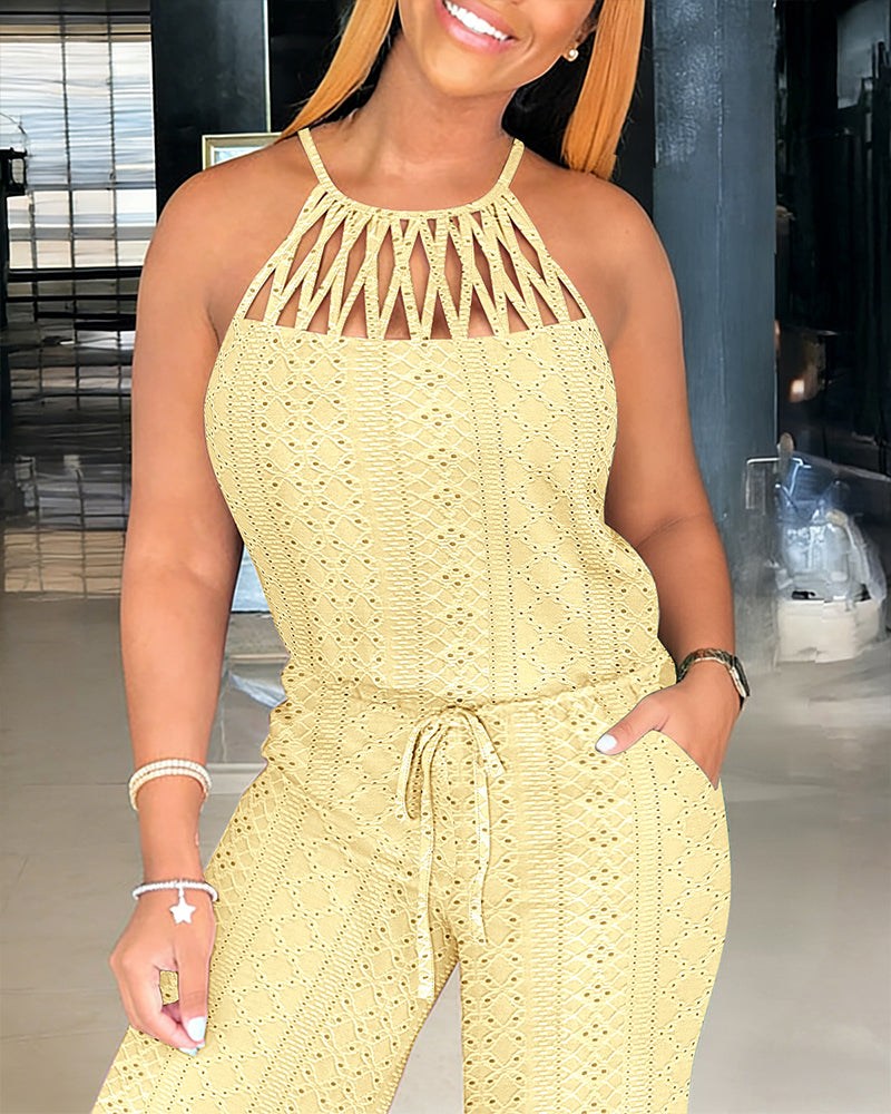 Jacquara Luxe – Halter Knit Jacquard Wide-Leg Jumpsuit